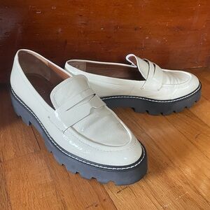 Franco Sarto Balin Chunky Lug Sole Patent Leather Penny Loafers in Preppy Cream